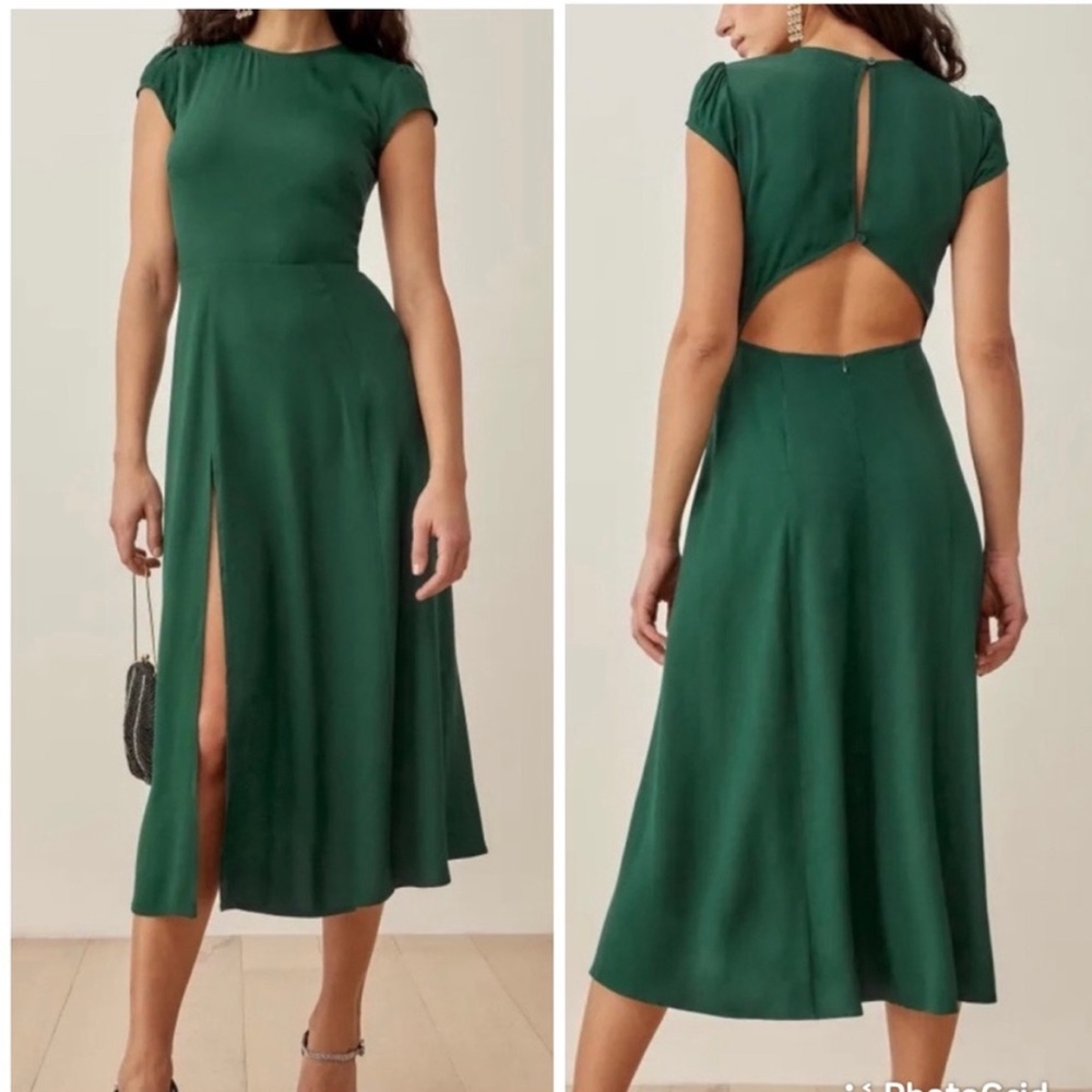 Reformation Green Sheath Midi Dress with Cap Puff Sleeves
